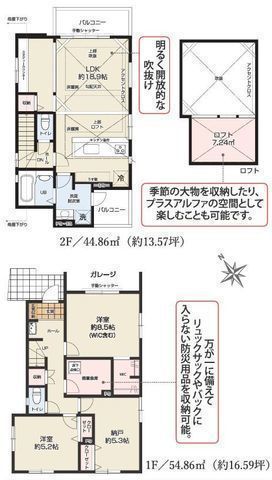 間取図/区画図:【本鵠沼駅徒歩6分!寒い季節に嬉しい床暖房付き】カースペース並列2台可多用途に使えるロフトあり2階リビングのため周囲を気にせずプライバシーを確保