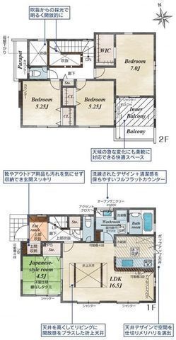 間取図/区画図:【海風漂う茅ヶ崎！土地面積36坪超！耐震構造＋設計・建設性能評価書付き】カースペース2台可吹抜のある開放感ある邸宅全居室収納＋WIC、土間収納あり