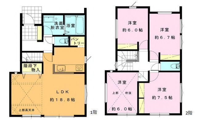 間取図/区画図:【前面道路6m以上で解放感ある立地!駐車場2台可能です!】18帖以上、高天井のLDK!コンビニ、MAGAドン・キホーテ、公園など徒歩5分圏内!
