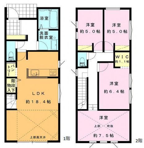 間取図/区画図:【前面道路6m以上で解放感ある立地!駐車場2台可能です!】18帖以上、高天井のLDK!コンビニ、MAGAドン・キホーテ、公園など徒歩5分圏内!