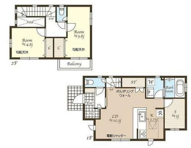 間取図/区画図:【2019年築!駐車場3台可能!全室二面採光、南向き南庭!明るく解放感あります!】太陽光発電システム・蓄電池あり!1階電動シャッターなど設備充実!