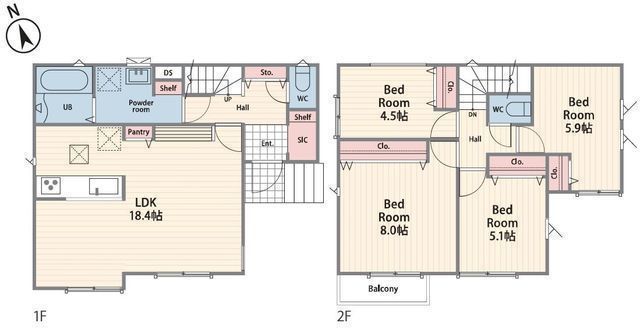 間取図/区画図:【ZEH水準省エネルギーハウスの新築戸建全4棟!カースペース2台可!】2沿線利用可能な茅ヶ崎駅までバス8分「今宿」停歩4分全棟LDK18帖超、収納豊富