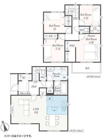 間取図/区画図:【長期優良住宅認定！土地面積39坪超のゆとり！全室2面採光の明るい4LDK】カースペース2台可倉見駅まで徒歩16分全居室収納＋パントリー、SICあり