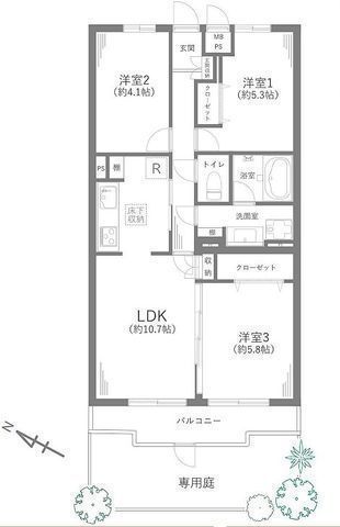 間取図/区画図:【駅から平坦で徒歩8分の好立地!南西向の3.6坪の専用庭付き3LDK!】全面リフォームで室内大変綺麗です!小学校・スーパー・コンビニまで徒歩10分以内!
