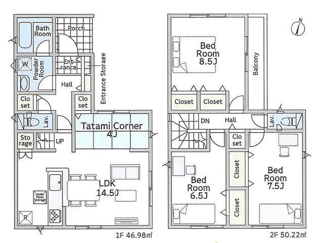 間取図/区画図:【制震装置搭載の地震に強い家！全居室6帖以上のゆとりある間取り】カースペース2台可LDK14.5帖＋タタミコーナーあり収納スペース豊富です！