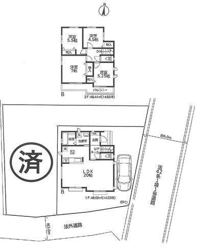 間取図/区画図:【南東道路で陽当り良好！安心の耐震構造住宅、性能評価書付4LDK！】LDK広々20帖、主寝室7帖、南向きワイドスパンバルコニー！完成済で即内覧できます！