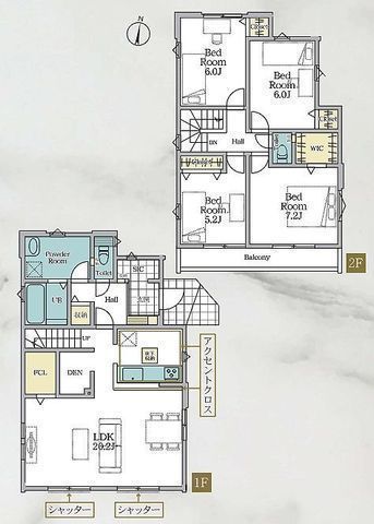 間取図/区画図:【土地ゆったり51坪。ZEH水準の省エネ住宅です。駐車並列2台可能！】LDK20帖、主寝室7.2帖！南向きバルコニーで陽当り良好！コンビニ徒歩4分！