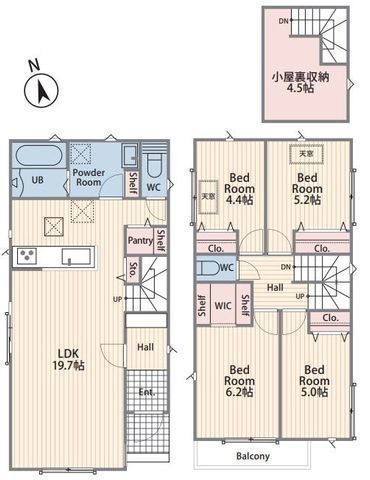 間取図/区画図:【ZEH水準の省エネ住宅！4LDK+WIC+パントリーで収納充実！】LDKゆったり19.7帖、主寝室6.2帖！完成済につき即内覧できます！