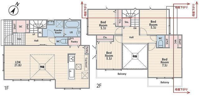 間取図/区画図:【駐車場3台可能！吹抜けのある21.8帖のLDK！解放感ある間取です！】SICやWICなど充実の収納！人工芝とウッドデッキのある庭でくつろぎの時間を楽しめます！