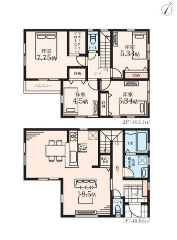 間取図/区画図:【全10棟の開発分譲地！耐震構造＋長期優良住宅＋性能評価書付き物件】子育てグリーン住宅支援事業対象カースペース2台駐車可全居室収納スペースあり