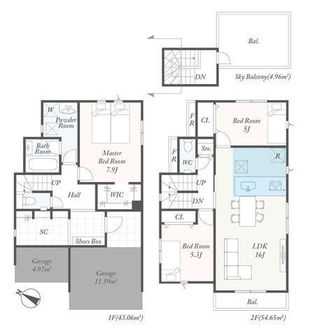 間取図/区画図:【屋上バルコニー付!安心の耐震構造と長期優良住宅】カースペース2台駐車可全居室収納スペースあり食洗機や宅配ボックス、スマートキーなど設備充実