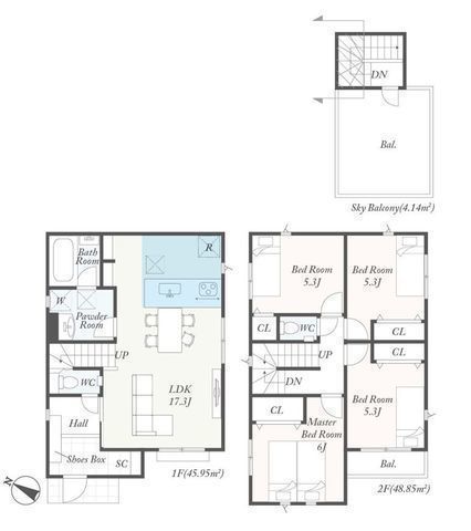間取図/区画図:【屋上バルコニー付！安心の耐震構造と長期優良住宅】カースペース2台駐車可全居室収納スペースあり食洗機や宅配ボックス、スマートキーなど設備充実