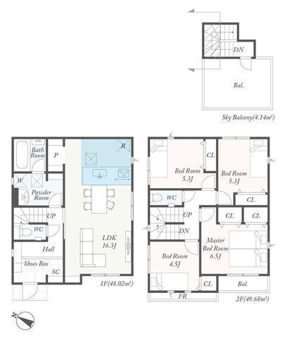 間取図/区画図:【屋上バルコニー付!安心の耐震構造と長期優良住宅】カースペース2台駐車可全居室収納スペースあり食洗機や宅配ボックス、スマートキーなど設備充実