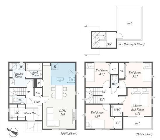 間取図/区画図:【屋上バルコニー付!安心の耐震構造と長期優良住宅】カースペース2台駐車可全居室収納スペースあり食洗機や宅配ボックス、スマートキーなど設備充実
