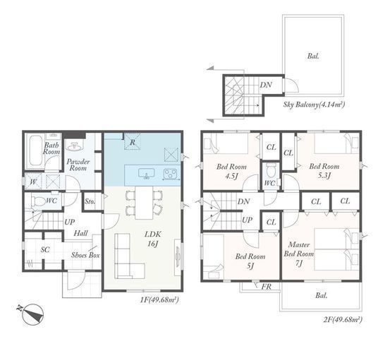 間取図/区画図:【屋上バルコニー付!安心の耐震構造と長期優良住宅】カースペース2台駐車可全居室収納スペースあり食洗機や宅配ボックス、スマートキーなど設備充実