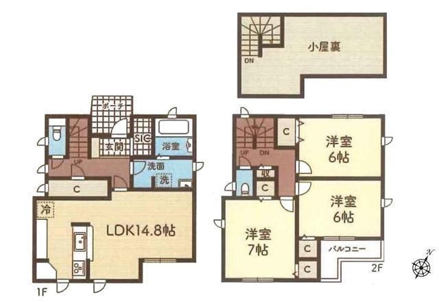 間取図/区画図:【全室6帖以上のゆとりある3LDK！安心のオール電化住宅】固定階段で上がる小屋裏収納付き幅員11ｍ歩道付き道路に面し開放感あり買い物に便利な周辺環境