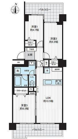 間取図/区画図:【駅徒歩9分!6階南バルコニー陽当たり眺望良好なリノベーション物件!】バルコニー面積4.9坪!コンビニ・ドラッグストア・市立病院徒歩5分以内の好立地!