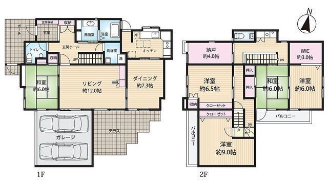 間取図/区画図:【土地52坪、建物55坪の大型5SLDK！ガレージ並列2台可能！】納戸・WIC、全室収納！南側大型テラス付き！コンビニ、なぎさモール辻堂徒歩3分！