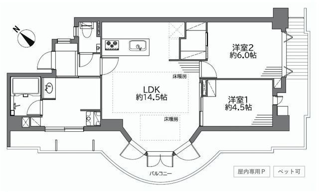 間取図/区画図:【片瀬江ノ島駅徒歩9分！片瀬西浜海岸徒歩1分！フルリノベ済】LDに床暖房付き、ペット飼養可海向き角部屋で陽当り通風良好屋上プールなど充実の共用設備