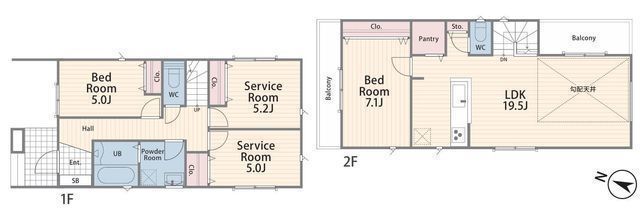 間取図/区画図:【LDK19.5帖は勾配天井の開放的な空間！家中まるごと浄水システムの家】2階LDKで周囲の目を気にせずプライバシーを確保全居室収納スペース＋パントリー