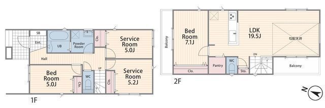 間取図/区画図:【LDK19.5帖は勾配天井の開放的な空間！家中まるごと浄水システムの家】2階LDKで周囲の目を気にせずプライバシーを確保全居室収納スペース＋パントリー
