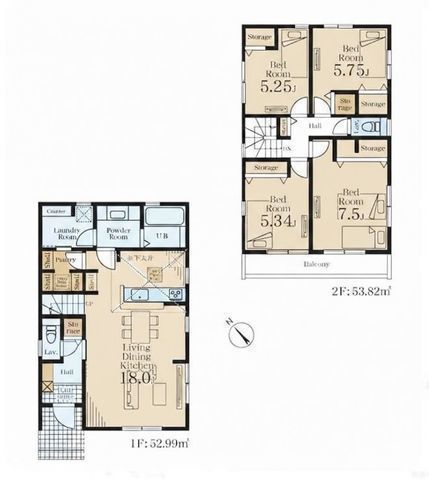 間取図/区画図:【長期優良住宅認定+住宅性能評価書付きの高性能物件!広々LDKには全棟大容量パントリー完備】カースペース2台可全居室5帖以上と収納スペース完備