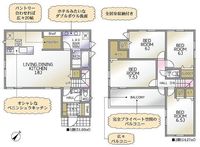 間取図/区画図:【ルーフバルコニー付き4LDK！LDK広々22帖！】駐車場2台可能です！ダブルボウル洗面、宅配BOXなど充実の設備！モデルハウスあります！モデルハウスあります！
