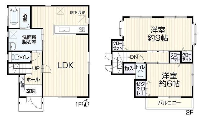 間取図/区画図:【駐車2台可、南道路で陽当り良好!2年間の安心保証付きの2LDK】リフォーム(2026年3月完工予定)外壁屋根塗装済み全居室収納スペースあり