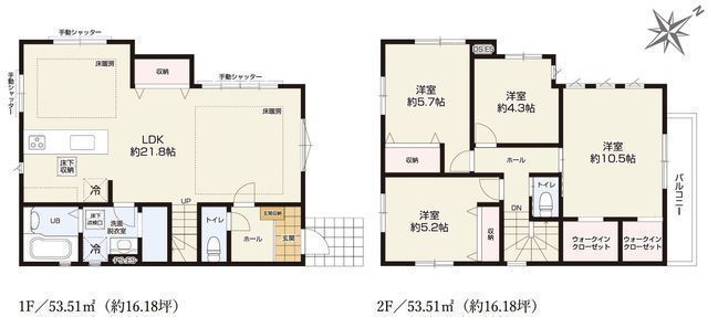 間取図/区画図:【柳小路駅まで徒歩約5分!角地のため陽当たり通風良好!】カースペース2台可広い21.8帖のLDKに床暖房付きリビング収納・WIC2か所完備