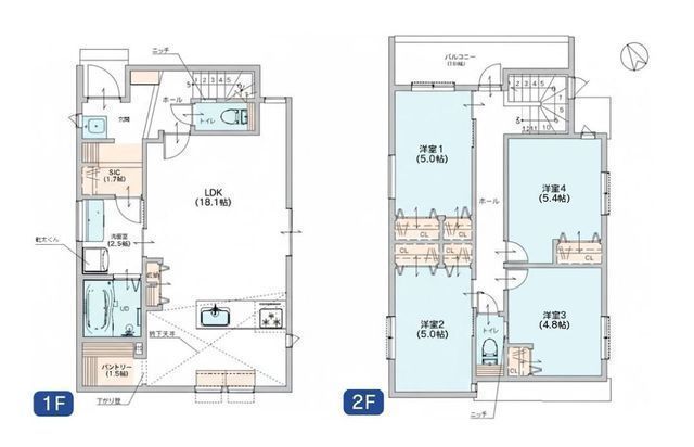 間取図/区画図:【高座渋谷駅まで徒歩8分!LDKは南東18帖以上で陽当たり良好】人気の回遊動線採用◎全居室収納に加えパントリー・SICなど収納豊富食洗機・乾太くん・宅配ボックスなど設備充実