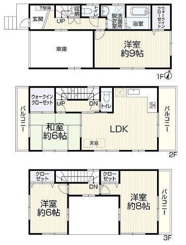 間取図/区画図:【駅徒歩7分の好立地！ダブルウォークインクローゼットの4LDK！】両面バルコニーや全室6帖以上の解放感ある間取！スーパーまで徒歩9分で生活便利です！