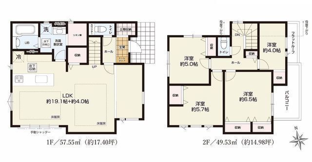 間取図/区画図:【カースペース並列3台可！南東角地のため陽当たり通風良好！】広いLDK23.1帖には床暖房を完備全居室収納に加えリネン庫・リビング収納・土間収納あり