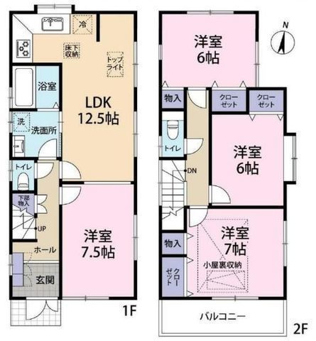 間取図/区画図:【小屋裏収納付きの4LDK！全室6帖以上のゆったりとした空間です！】コンビニや病院など徒歩10分以内で生活便利です！