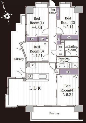 間取図/区画図:【三方角部屋、新規フルリノベーション、専有面出来84平米の4LDK！】明るく通風良好で解放感ある間取です！小学校、スーパー、コンビニ徒歩4分以内！