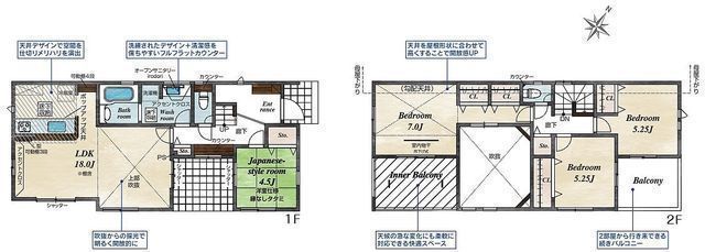 間取図/区画図:【安心の耐震構造住宅、性能評価書付の長期優良住宅！モデルハウスあります！】駐車場最大3台可能！LDK18帖、上部吹き抜けの解放感ある間取です！