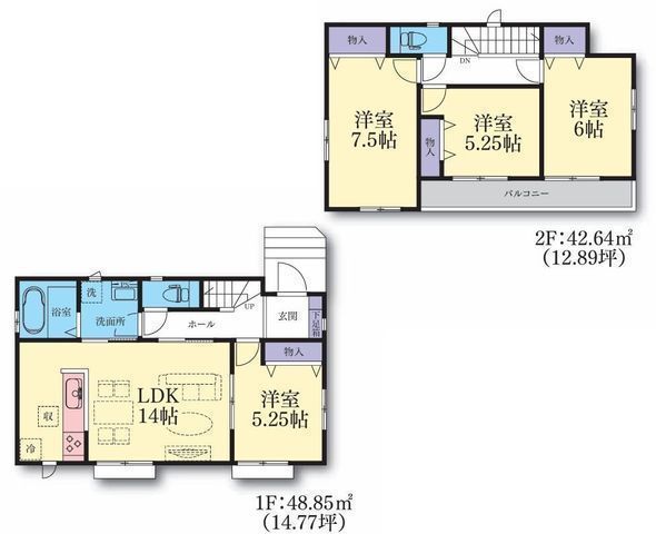 間取図/区画図:【いずみ野駅徒歩5分！カースペース2台可！周辺環境充実の暮らしやすい立地】耐震構造＋性能評価書付き物件全居室南向きのため陽当たり良好全居室収納あり