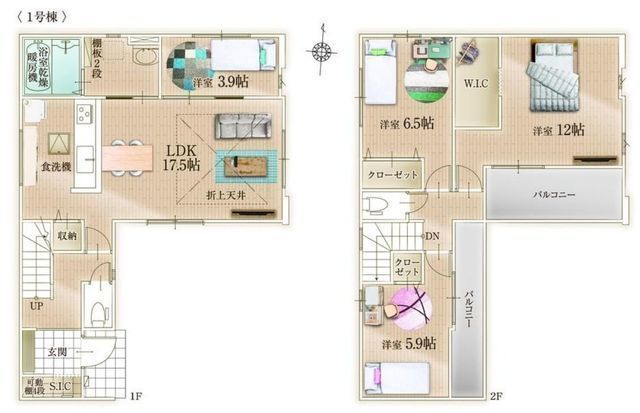 間取図/区画図:【17.5帖の広々LDK！ZEH水準の省エネ性能を誇る4LDK】カースペース並列2台可2面バルコニーで陽当り通風良好WIC、SICなど収納豊富