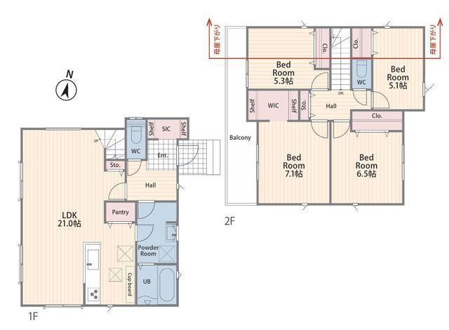 間取図/区画図:【21帖の大空間LDK!家中まるごと浄活水&ZEH水準】カースペース並列2台可多用途に使えるお庭スペース前面道路6.5mのため開放感あり