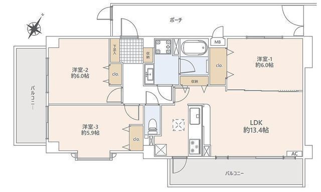 間取図/区画図:【最上階・南東向き三方角部屋！陽当たり眺望通風良好です！】リフォーム済ですので即内覧可能です！イオンスタイル徒歩7分で買い物便利！大型ポーチあり！