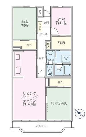 間取図/区画図:【弥生台駅徒歩4分の好立地!南西向き6階部分につき陽当たり良好な3LDK】クロス等リフォーム済みで即引き渡し可能1階に無料利用のトランクルームあり