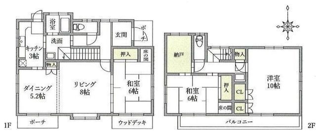 間取図/区画図:【駐車場2台可能！全室南向き、ウッドデッキ付き戸建て！】小学校徒歩10分、ダイエー徒歩6分で生活便利な立地です！空家につき即内覧可能です！