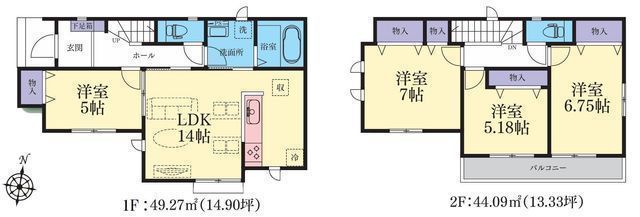 間取図/区画図:【全居室南向きの陽当たり良好な新築4LDK!住宅性能評価ダブル取得】全居室収納スペース設置二部屋続きの広々バルコニー相武台下駅徒歩15分