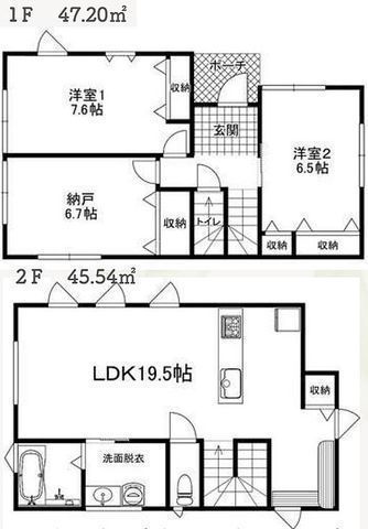 間取図/区画図:【LDK19.5帖、主寝室7.6帖!全室二面採光で解放感ある間取!】駐車場2台可能!10年間の地盤品質保証!即内覧可能です!