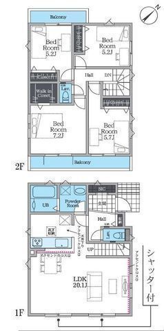 間取図/区画図:【三方角地につき陽当たり・通風・開放感良好！カースペース2台駐車可】ZEH水準省エネ住宅全室2面採光＆南東向きワイドバルコニー全居室収納スペースあり