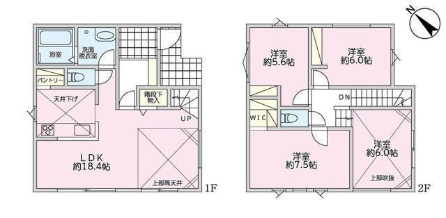 間取図/区画図:【南側6m道路に面した二方角地で陽当たり・通風良好！長期優良住宅仕様】カースペース2台駐車可光あふれる吹抜けのリビング買い物に便利な周辺環境