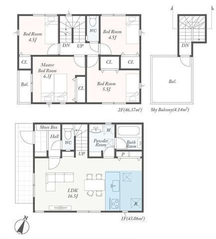 間取図/区画図:【長期優良住宅認定＆耐震等級3の安心住まい4LDK！カースペース2台可】陽当たりを確保できるスカイバルコニー全居室2面採光＆収納あり＋パントリー完備