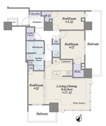 間取図/区画図:【駅徒歩5分、令和2年築のタワーマンション！26階部分、南東角部屋で陽当り眺望通風良好！】LDK17帖、床暖房付き！ダブルWIC、玄関収納など収納充実！