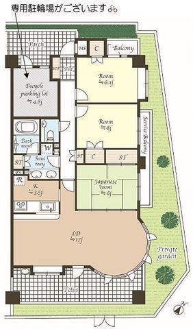 間取図/区画図:【駅から平坦徒歩8分!専有面積92平米、1階三方角部屋、大型専用庭付き!】陽当り通風良好、LDK20帖以上の広々とした間取です!オークシティ徒歩7分!