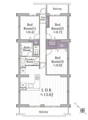 間取図/区画図:【水回りも一新!新規フルリノベーション(R8.6月中旬完工予定)3LDK】二面バルコニーのため明るく陽当たり良好15.6帖の広々LDK、WIC新設