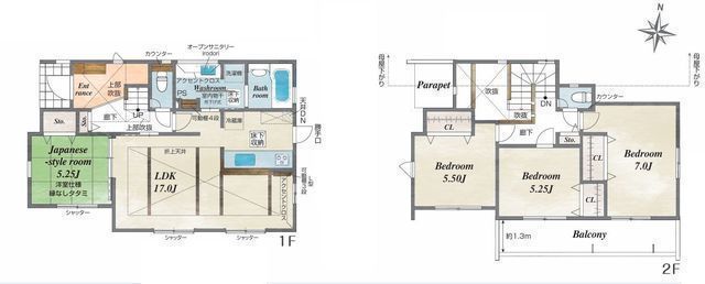 間取図/区画図:【敷地50坪以上の開放感!カースペース3台可&広々LDKが魅力の4LDK】多用途に使える南向きお庭スペース全室南向きのため明るく陽当たり良好耐震等級3+制震ダンパー+住宅性能評価ダブル取得
